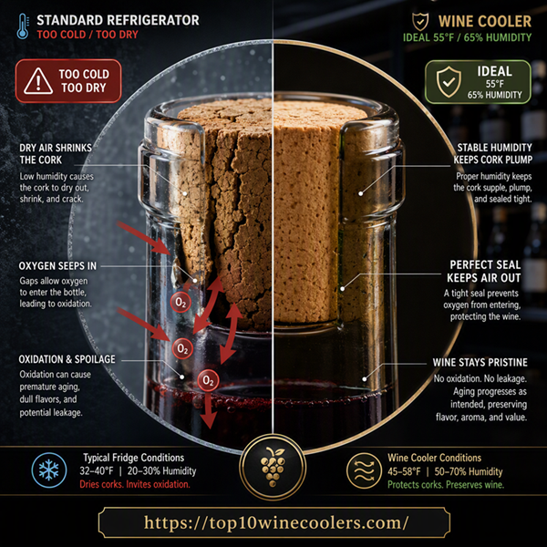 macro diagram of wine bottle neck comparing dry cork versus humidified sealed cork