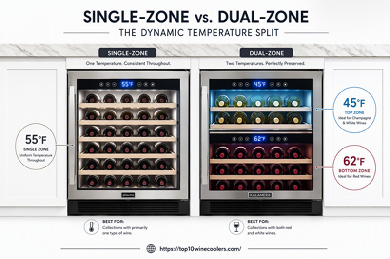 infographic comparing single zone and dual zone wine fridges under kitchen counter.