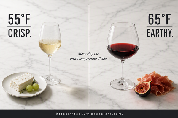 A split-screen minimalist kitchen scene showing a chilled glass of white wine at 55 degrees and an aerated red wine at 65 degrees on a white marble countertop.