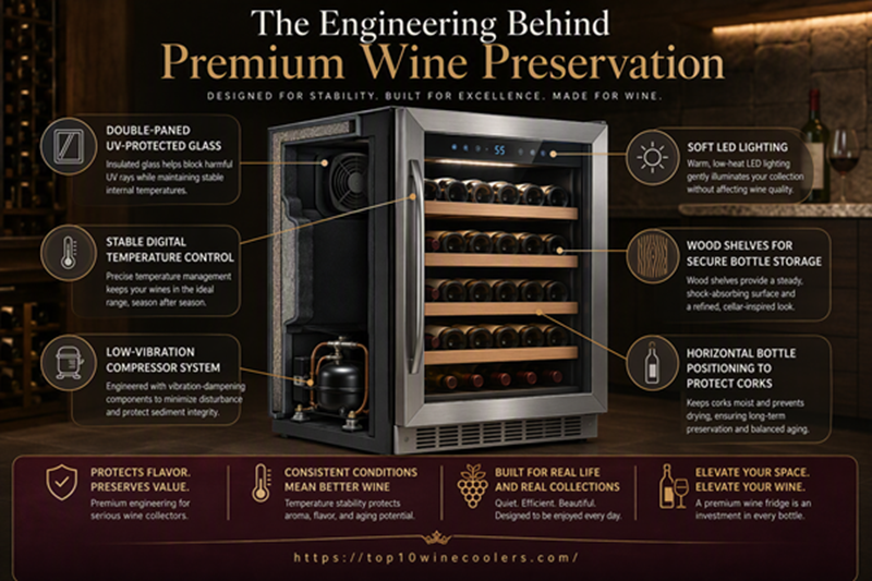 Wine fridge features including vibration dampening UV-protected glass and wood shelves